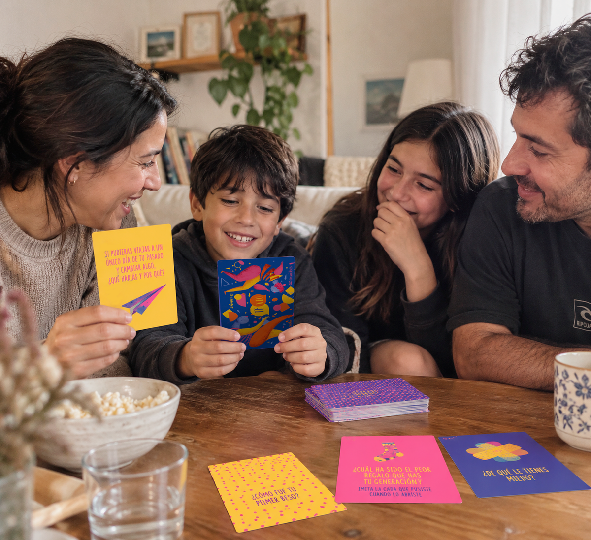 Familia conversando y jugando con cartas Teraideas