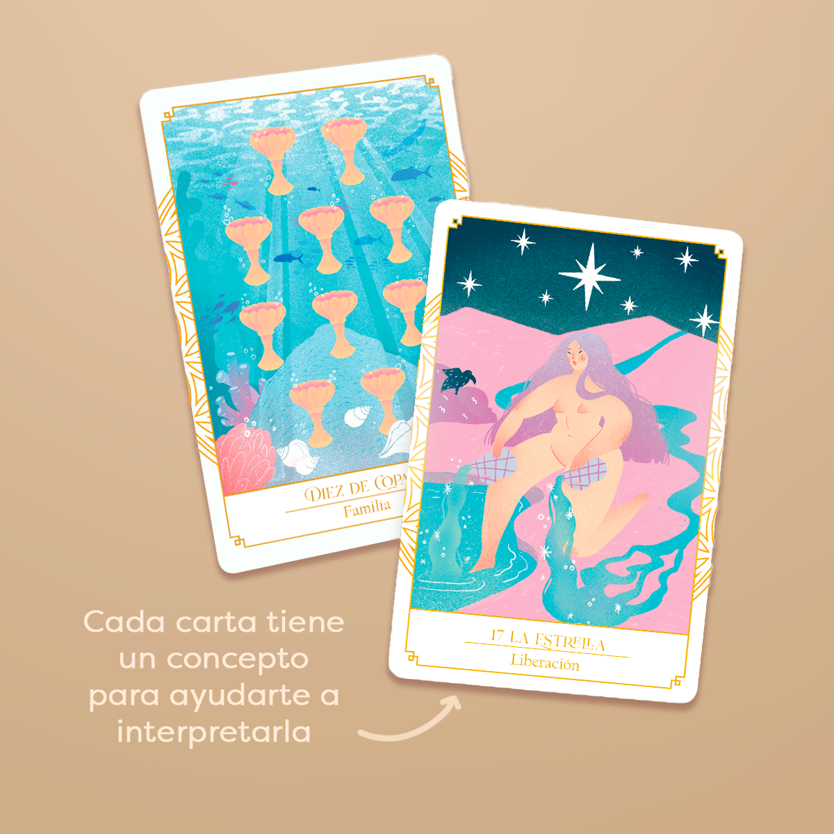 Tarot Sincronía - Mazo de 78 cartas de Tarot dorado - Mazo aprendizaje con minilibro