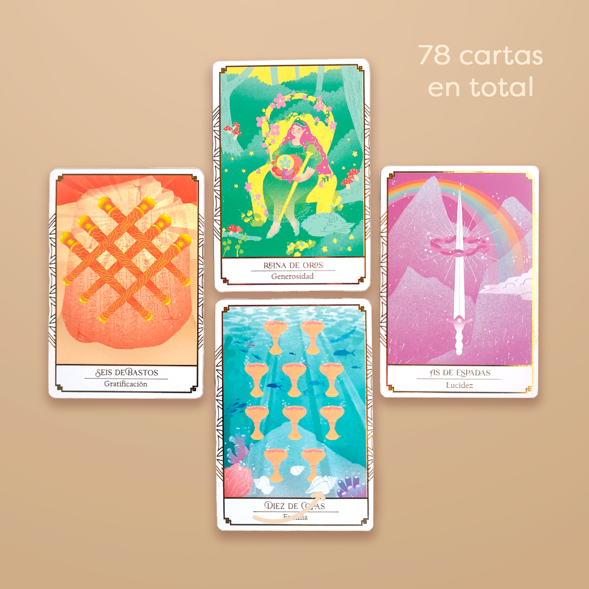 Tarot Sincronía - Mazo de 78 cartas de Tarot dorado - Mazo aprendizaje con minilibro